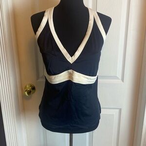 Lands End Tankini Top Swimwear Black White V-Neck Criss Cross Back Straps Sz 16